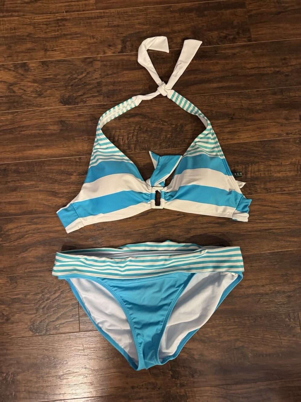 Ralph Lauren Bikini Set Women’s Blue White Stripe Halter Bottoms 10/ Top Sz36D